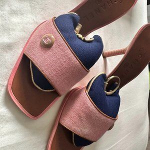 Authentic Chanel pink canvas & leather slide mule heel Sandals. w/o Box